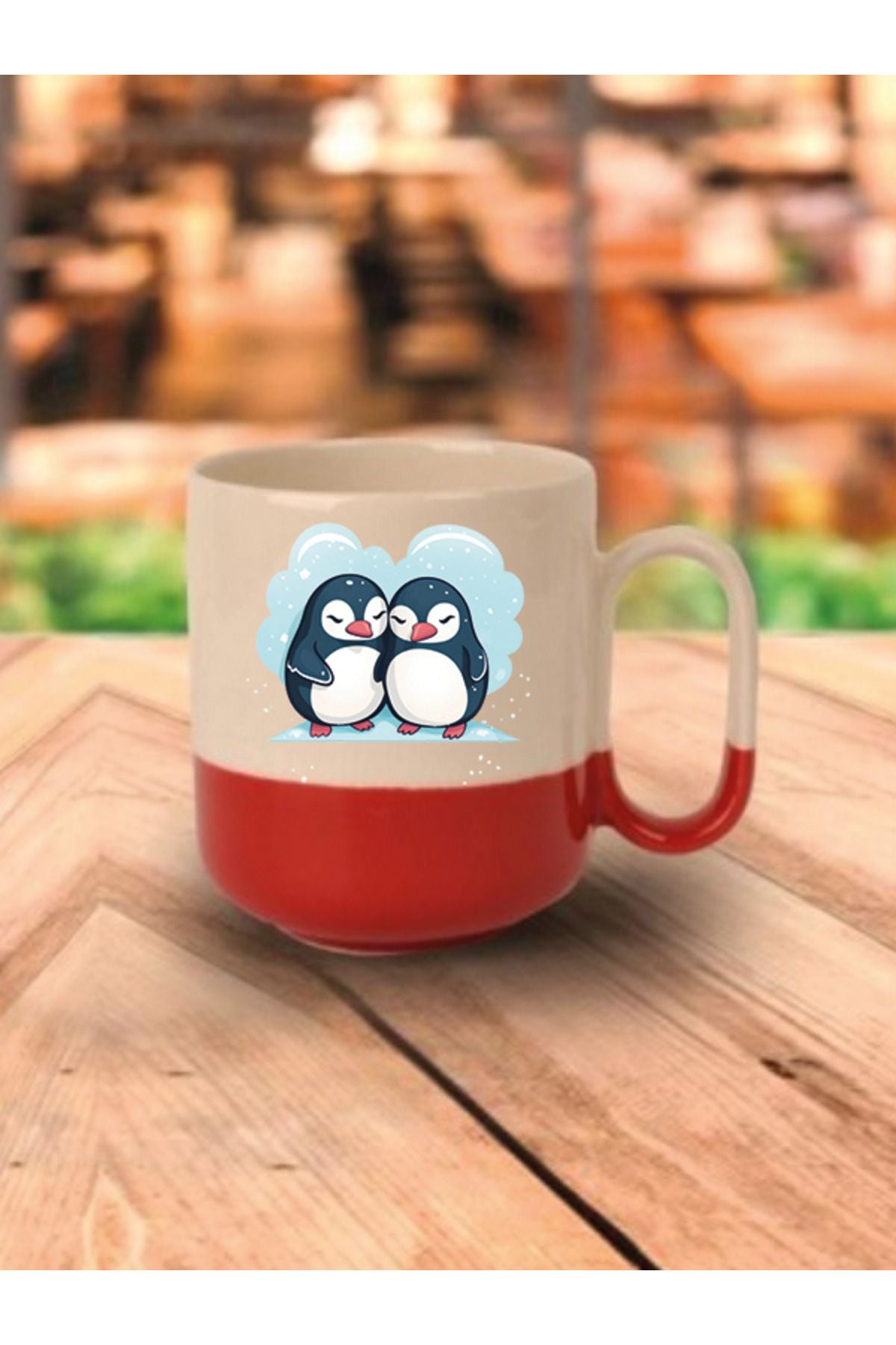 Sevimli Penguen Temalı Kırmızı Tabanlı Kupa Bardak - Seramik Çay, Kahve Hediyelik Bardağı