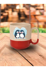 Sevimli Penguen Temalı Kırmızı Tabanlı Kupa Bardak - Seramik Çay, Kahve Hediyelik Bardağı