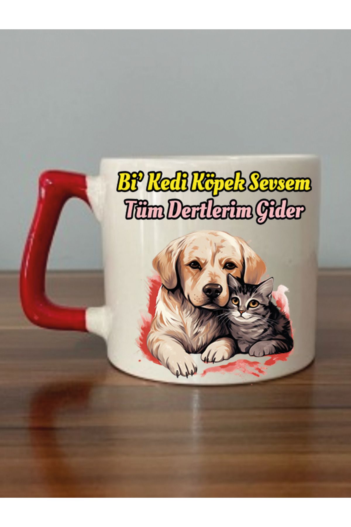 Bi' Kedi Köpek Sevsem Tüm Dertlerim Gider Yazılı Kırmızı Kulplu Kupa Bardak