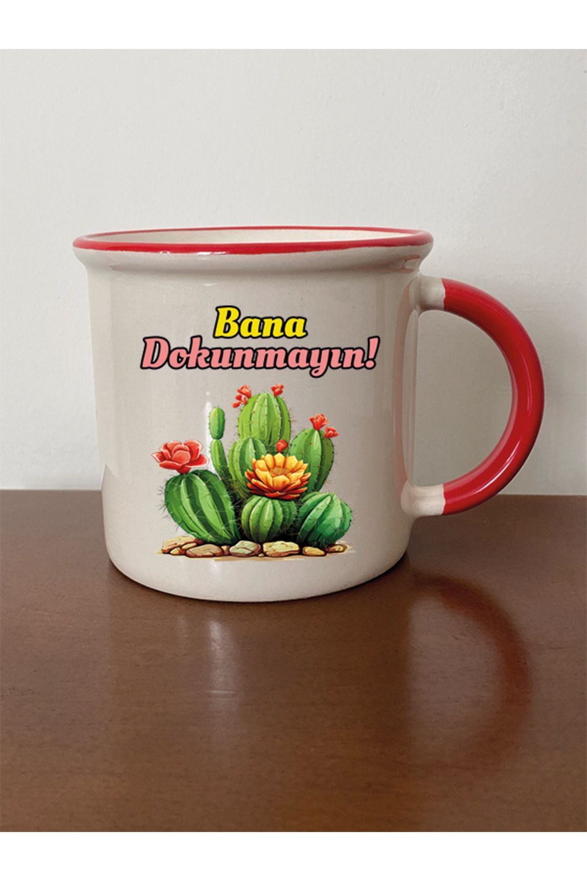 Bana Dokunmayın Yazılı Kırmızı Ağızlı Kupa Bardak - Seramik Çay, Kahve Hediyelik Bardağı