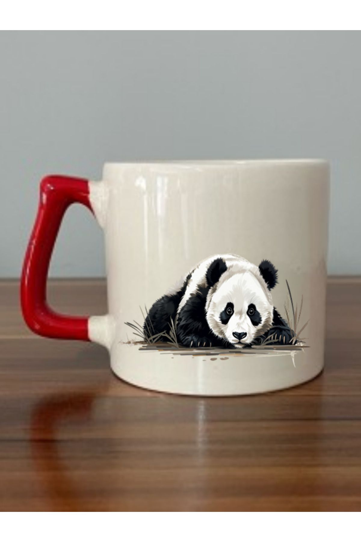 Panda Temalı Kırmızı Kulplu Kupa Bardak - Seramik Çay, Kahve Hediyelik Bardağı