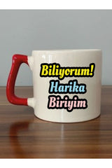 Biliyorum Harika Biriyim Yazılı Kırmızı Kulplu Kupa Bardak - Seramik Çay, Kahve Hediyelik Bardağı