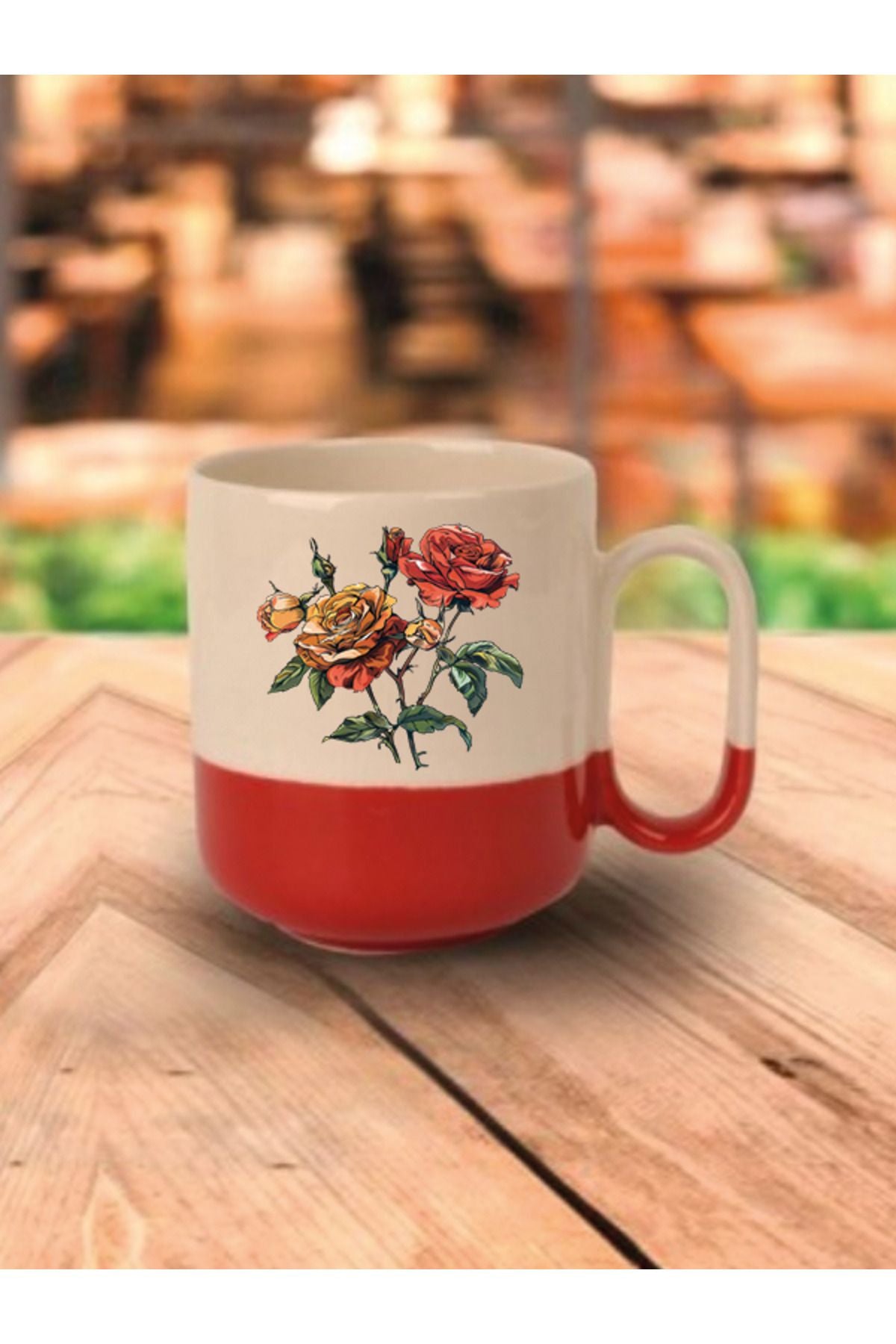 Gül Temalı Kırmızı Tabanlı Kupa Bardak - Seramik Çay, Kahve Hediyelik Bardağı