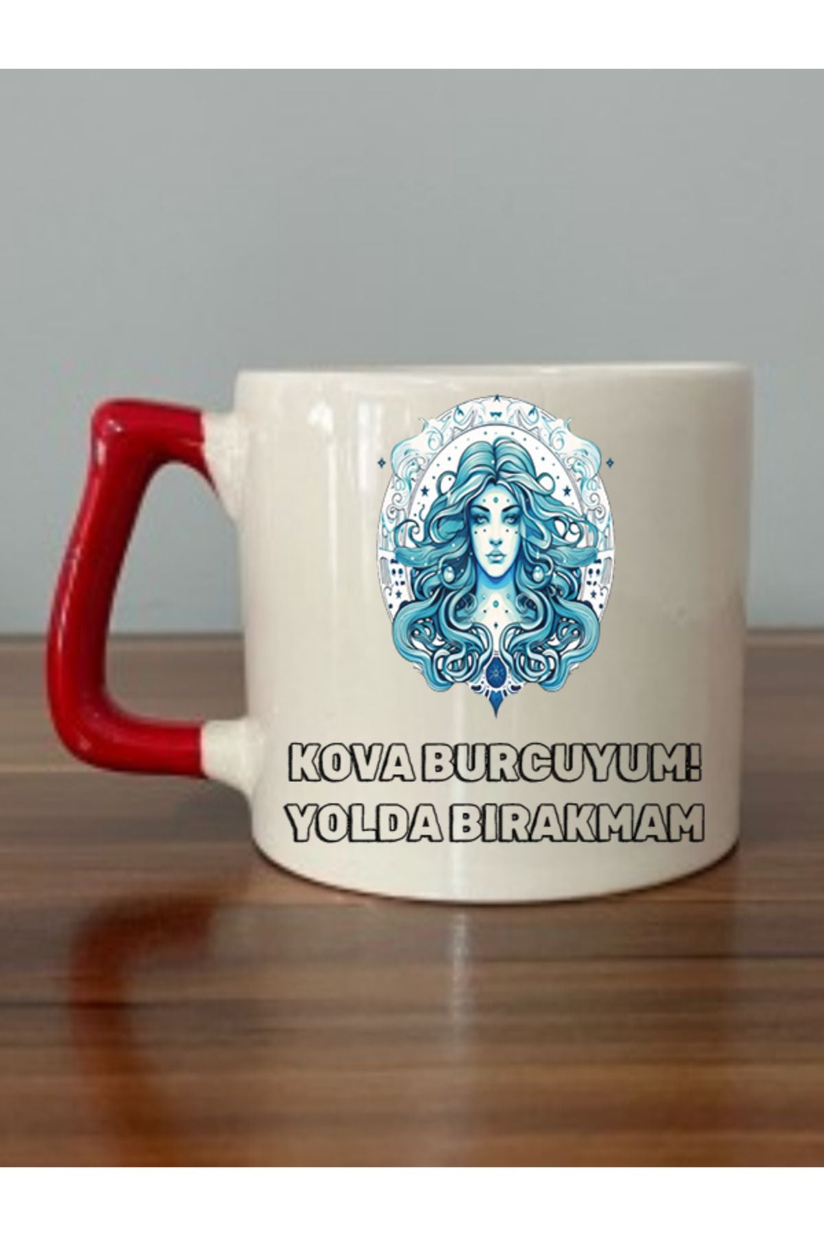 Kova Burcu Kırmızı Kulplu Kupa Bardak - Seramik Çay, Kahve Hediyelik Bardağı