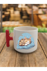Uyuyan Kedi Kahve Bardağı Seramik Kupa Bardak - Seramik Çay, Kahve Hediyelik Bardağı
