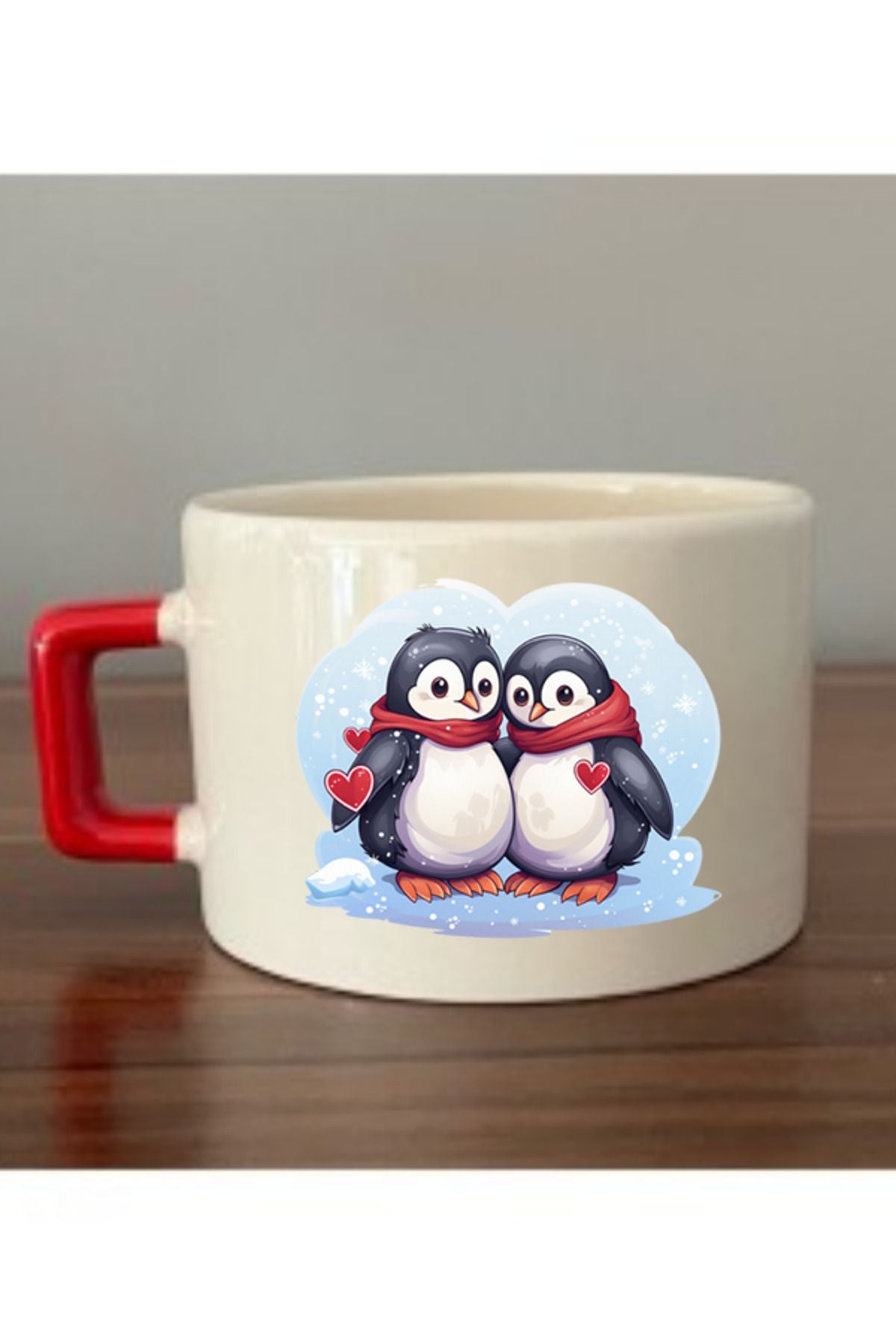 Penguen Baskılı Kırmızı Kulplu Fincan Seramik Kupa - Seramik Çay, Kahve Hediyelik Bardağı