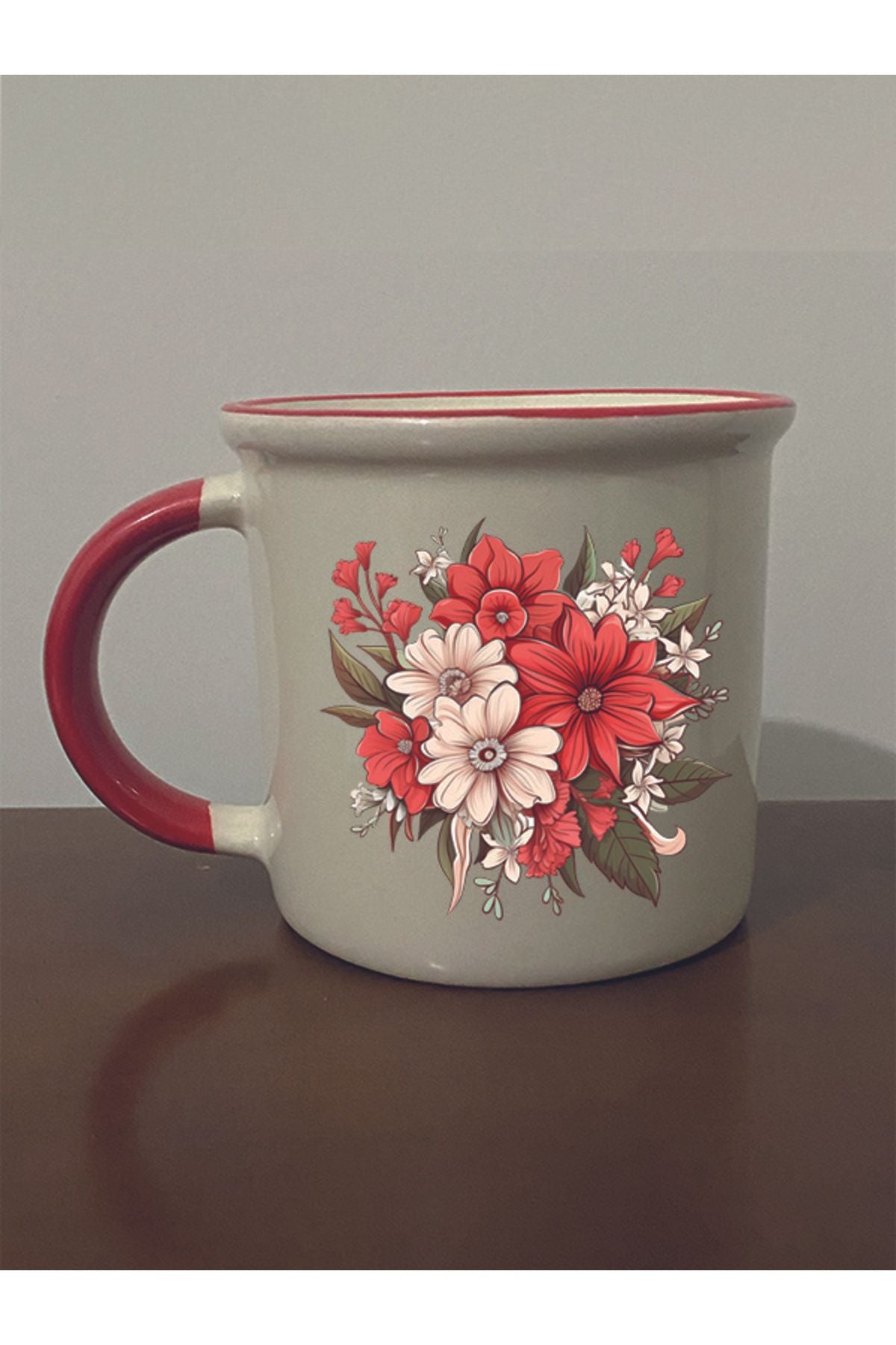 Çiçekli Kırmızı Ağızlı Kupa Bardak - Seramik Çay, Kahve Hediyelik Bardağı