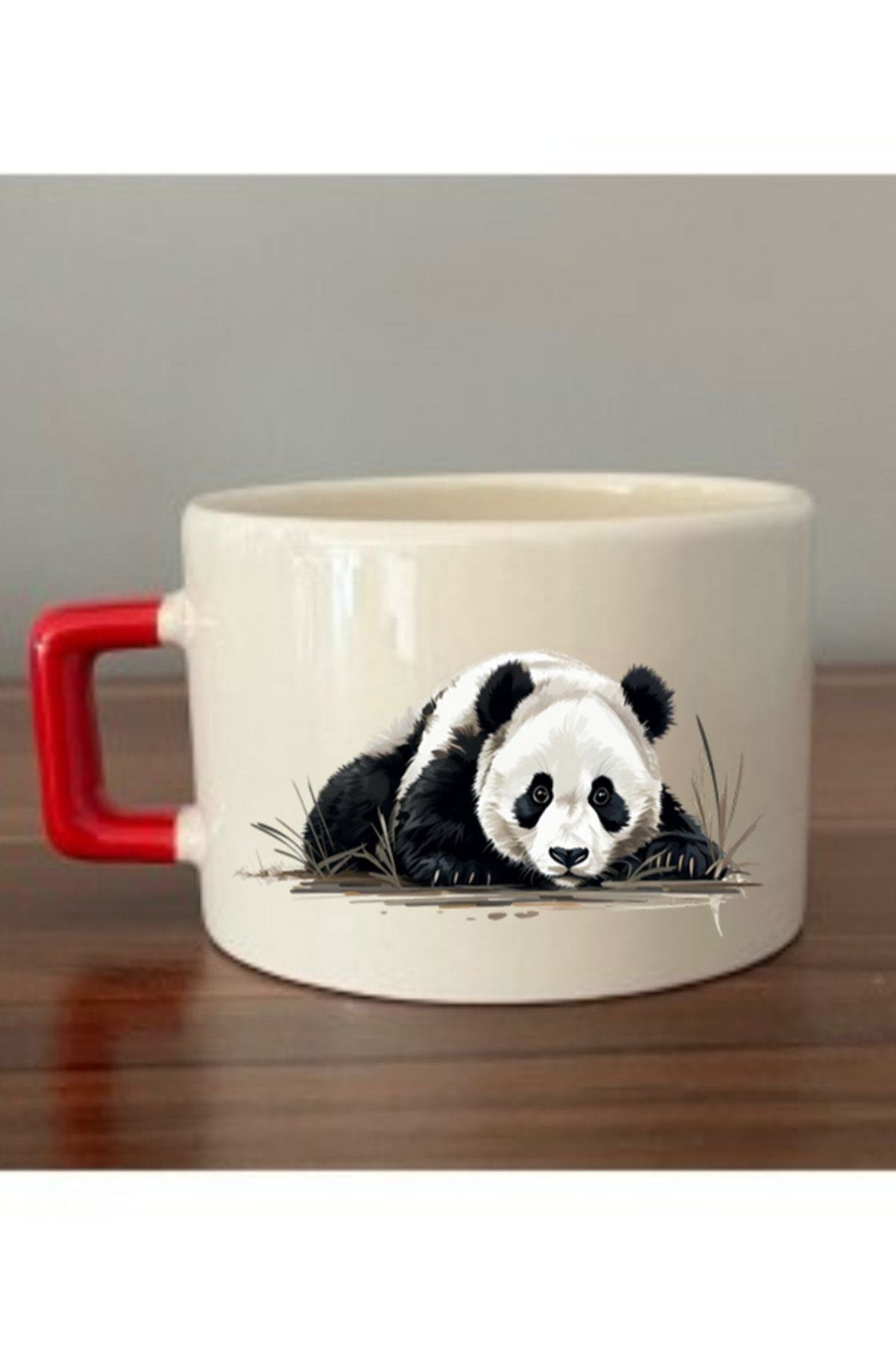 Panda Görselli Kırmızı Kulplu Fincan Seramik Kupa - Seramik Çay, Kahve Hediyelik Bardağı