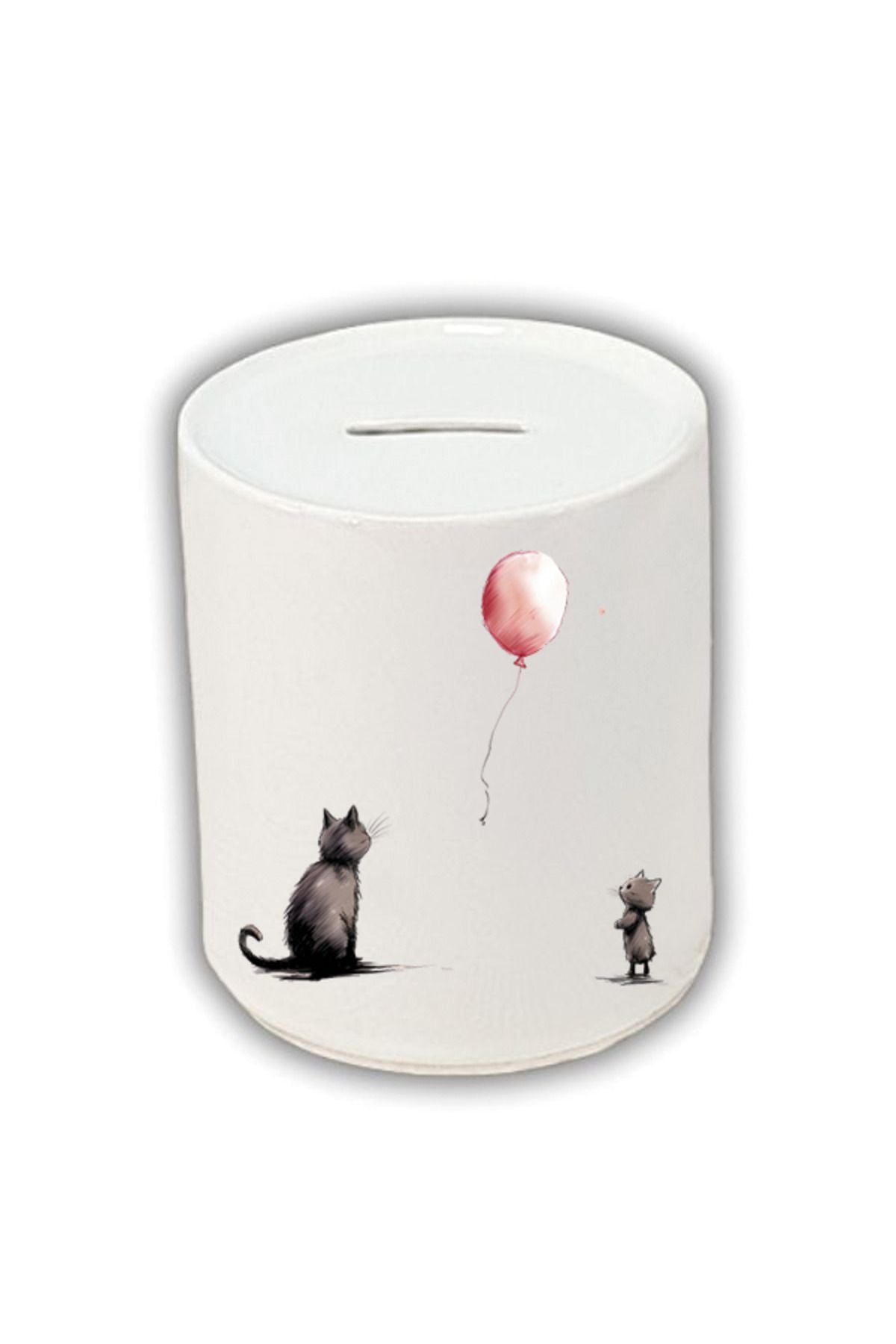 Kedi ve Balon Baskılı Kumbara - Seramik Para Biriktirme Kumbarası