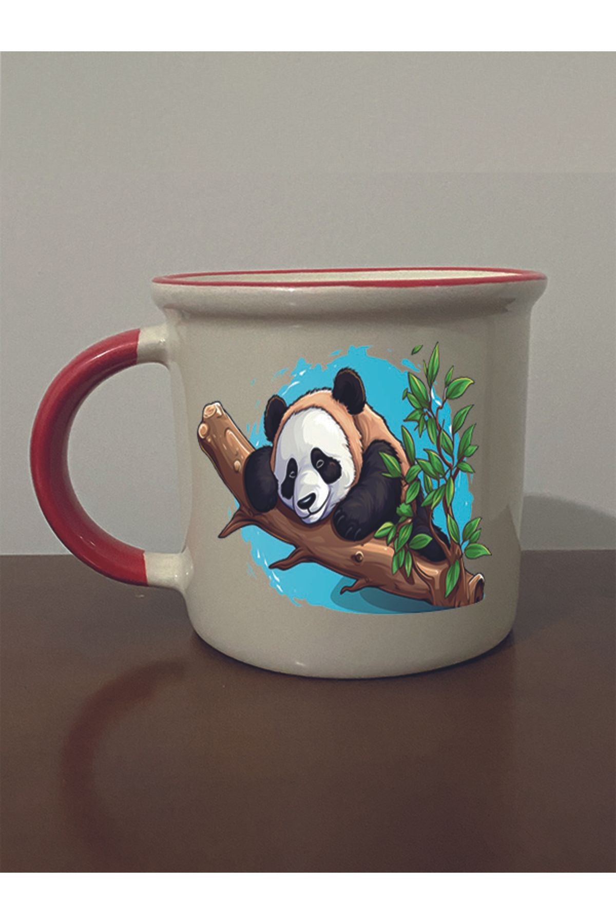 Panda Baskılı Kırmızı Ağızlı Kupa Bardak - Seramik Çay, Kahve Hediyelik Bardağı