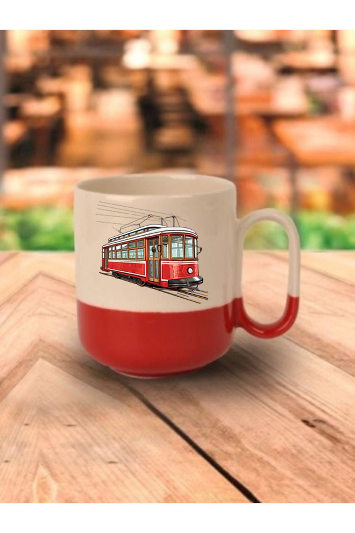 Tramvay Görselli Kırmızı Tabanlı Kupa Bardak - Seramik Çay, Kahve Hediyelik Bardağı