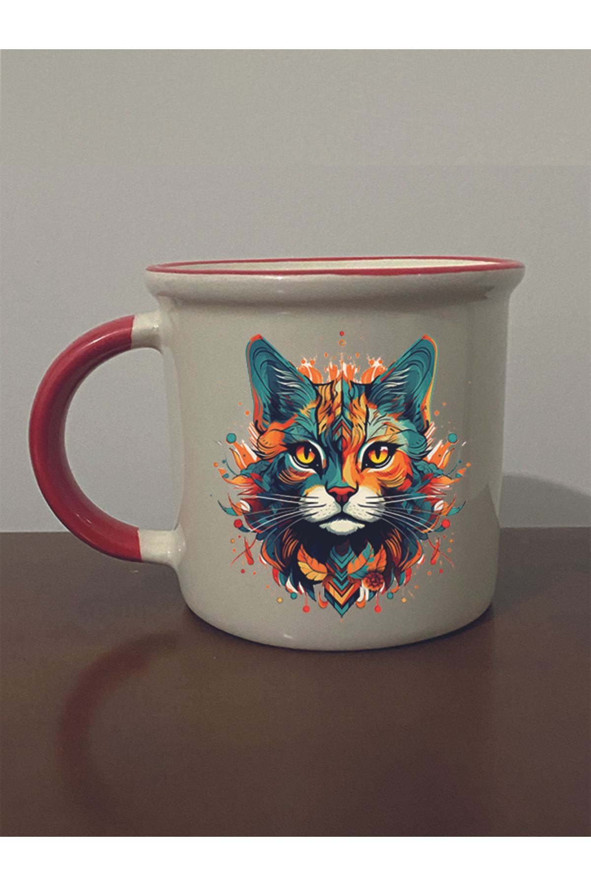 Modern Kedi Baskılı Kırmızı Ağızlı Kupa Bardak - Seramik Çay, Kahve Hediyelik Bardağı