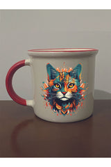 Modern Kedi Baskılı Kırmızı Ağızlı Kupa Bardak - Seramik Çay, Kahve Hediyelik Bardağı