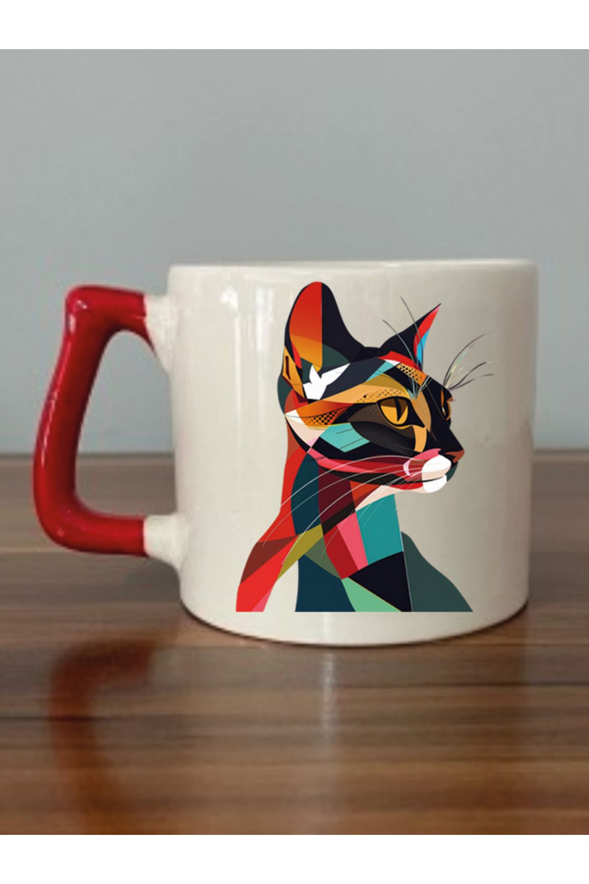 Modern Kedi Temalı Kırmızı Kulplu Kupa Bardak - Seramik Çay, Kahve Hediyelik Bardağı