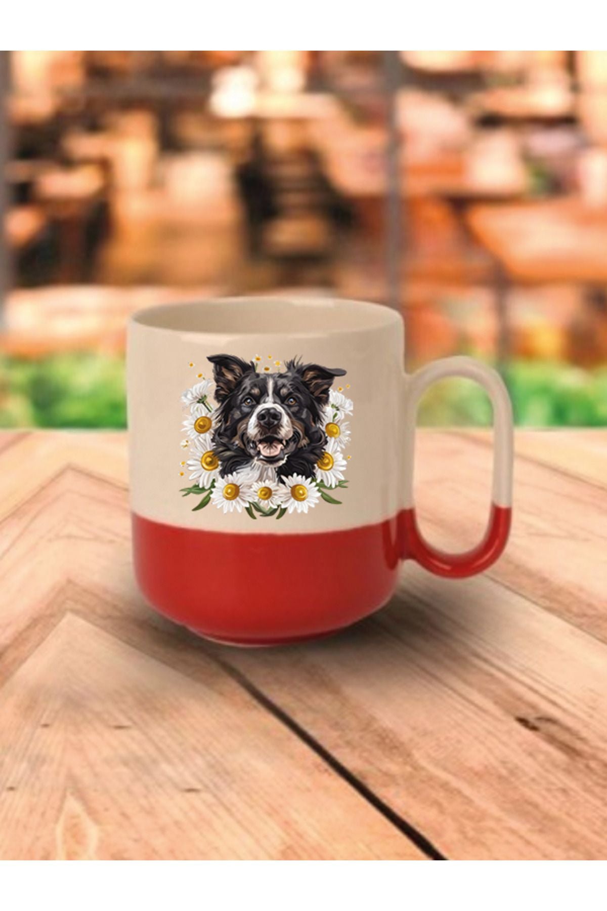 Çiçekli Köpek Temalı Kırmızı Tabanlı Kupa Bardak - Seramik Çay, Kahve Hediyelik Bardağı