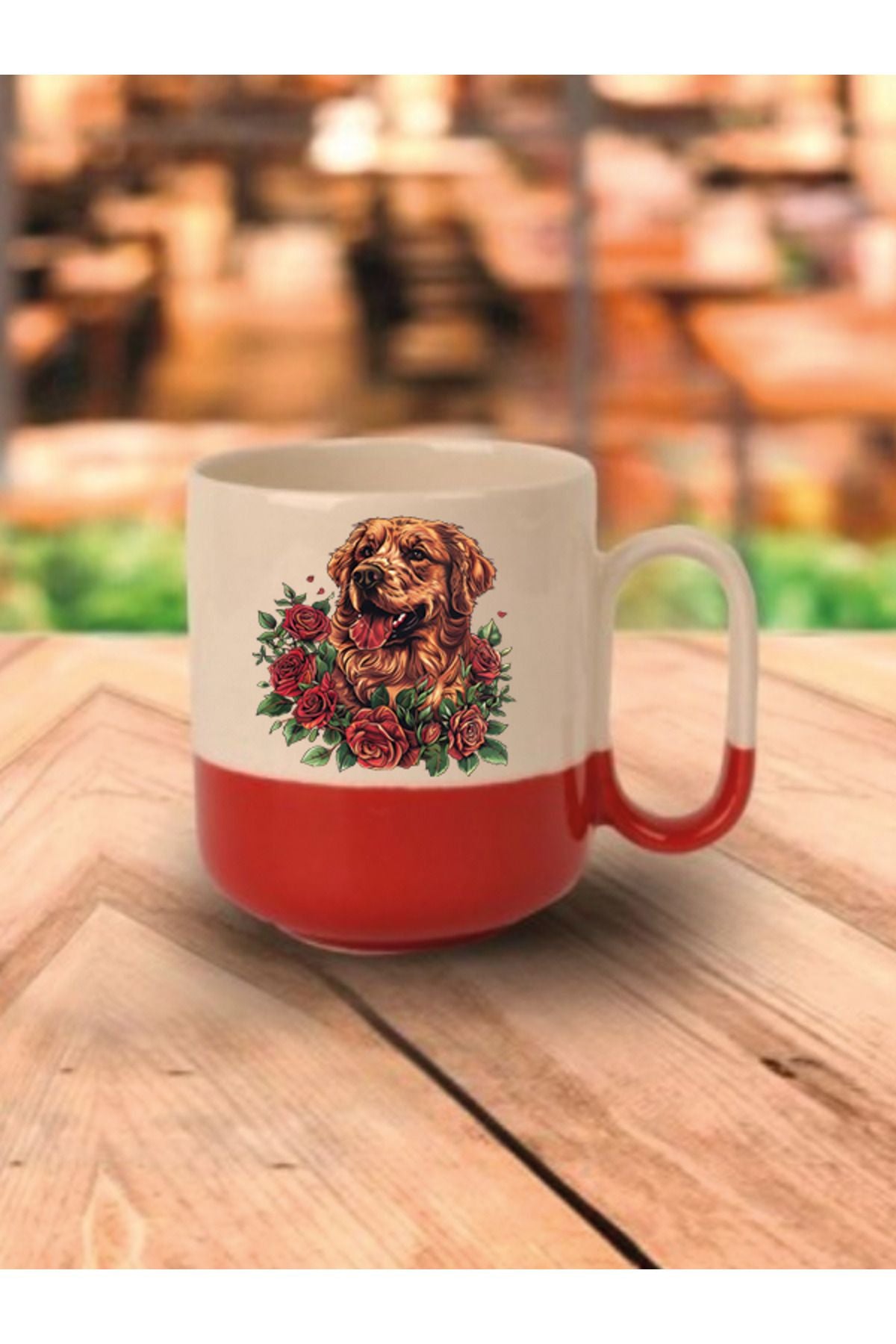Çiçek Ve Köpek Termalı Kırmızı Tabanlı Kupa Bardak - Seramik Çay, Kahve Hediyelik Bardağı