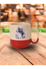 Çiçekli Kedi Kırmızı Tabanlı Kupa Bardak - Seramik Çay, Kahve Hediyelik Bardağı