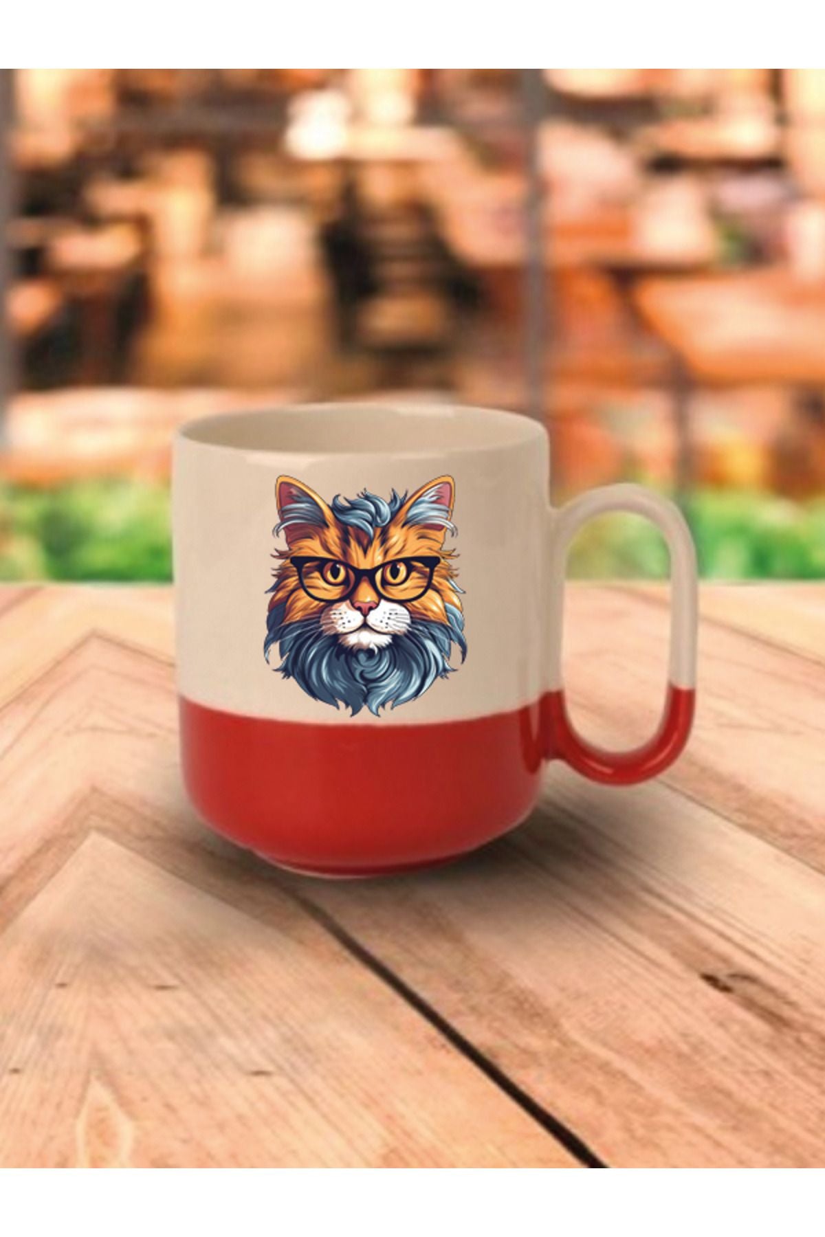 Bilgili Kedi Temalı Kırmızı Tabanlı Kupa Bardak - Seramik Çay, Kahve Hediyelik Bardağı