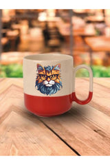Bilgili Kedi Temalı Kırmızı Tabanlı Kupa Bardak - Seramik Çay, Kahve Hediyelik Bardağı