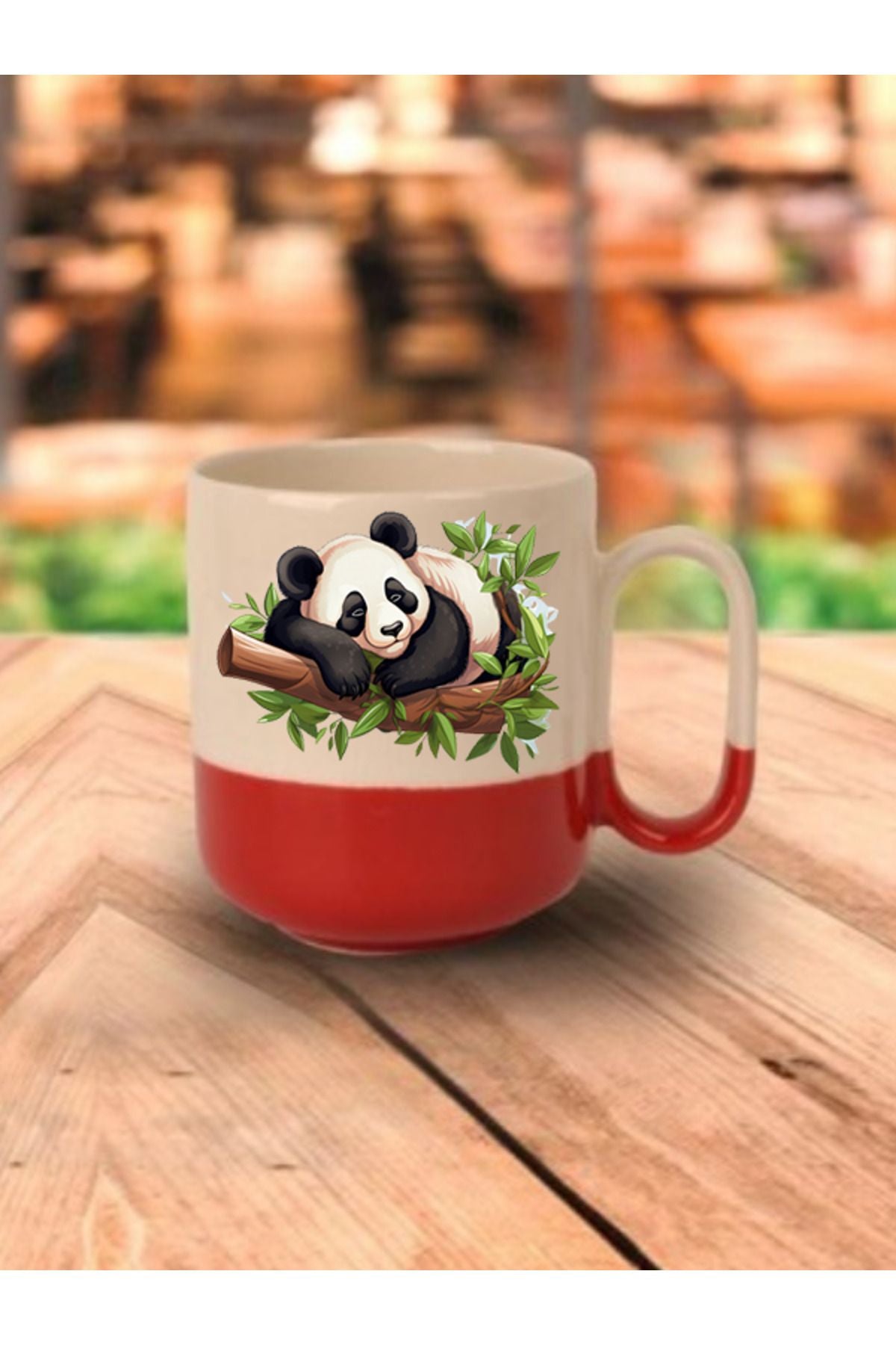 Dalda Uyuyan Panda Görselli Kırmızı Tabanlı Kupa Bardak - Seramik Çay, Kahve Hediyelik Bardağı