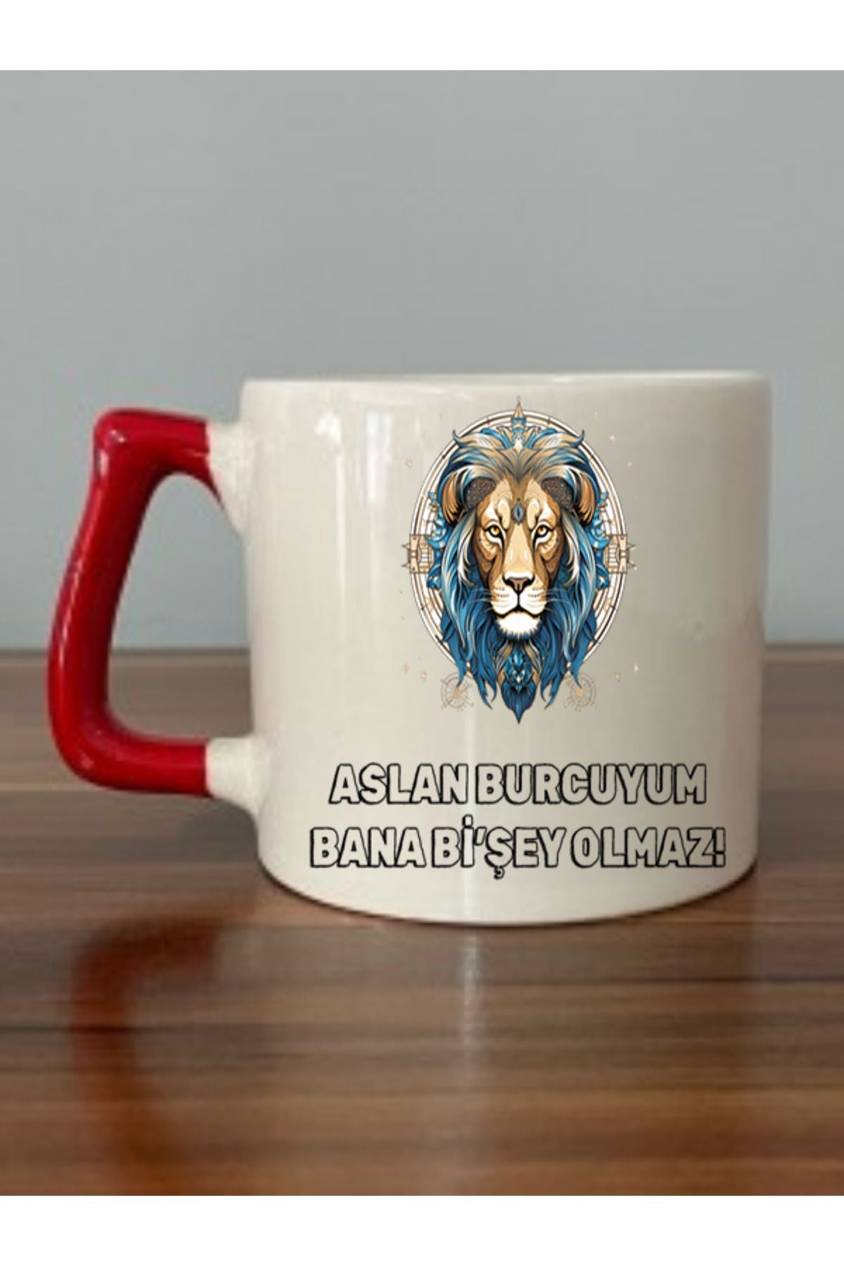 Aslan Burcu Kırmızı Kulplu Kupa Bardak - Seramik Çay, Kahve Hediyelik Bardağı