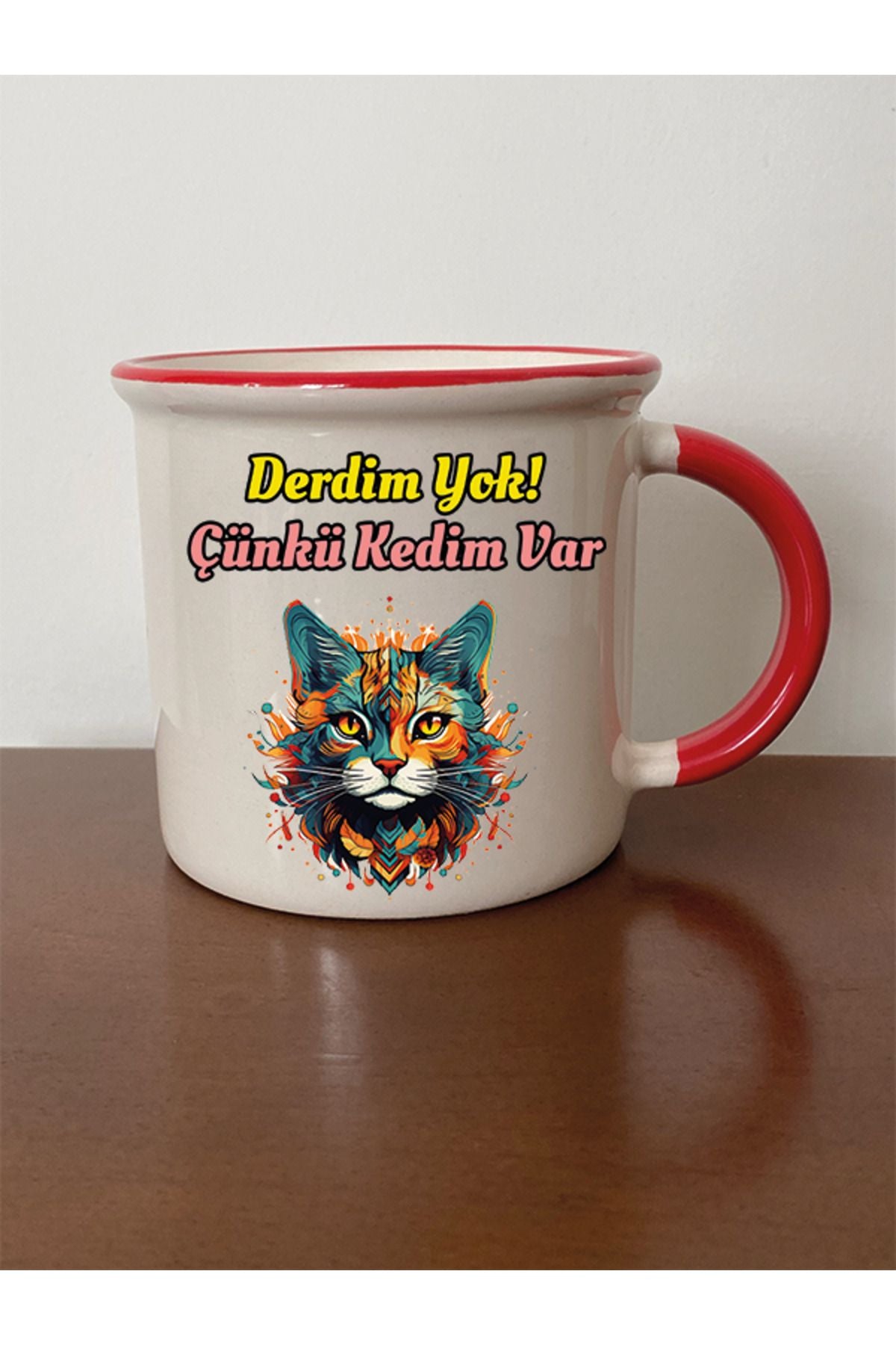 Derdim Yok Çünkü Kedim Var Kırmızı Ağızlı Kupa Bardak - Seramik Çay, Kahve Hediyelik Bardağı