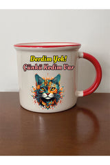 Derdim Yok Çünkü Kedim Var Kırmızı Ağızlı Kupa Bardak - Seramik Çay, Kahve Hediyelik Bardağı